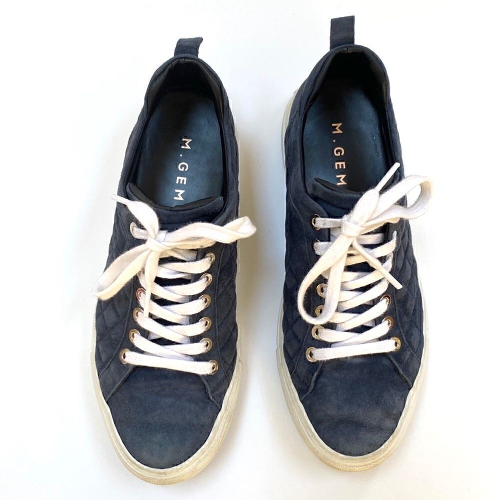 M. Gemi Quilted Suede Navy Blue Low Top Leather Sneakers Made in Italy 38